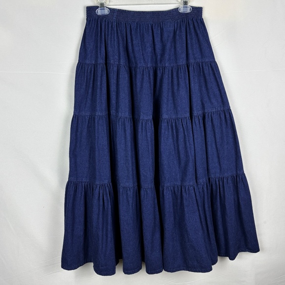 VTG Willowbend Women Denim Tiered Maxi Skirt Sz L Cottage Prairie Boho Gypsy USA - Picture 1 of 9